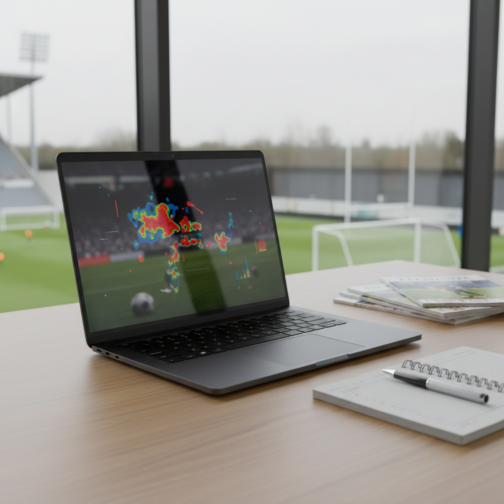 A sleek, matte-black laptop slightly open on a tidy wooden desk, its screen displaying an abstract, blurred sports field graphic with charts and colorful heat maps, all non-legible and without real data. Beside it, a spiral notebook with a metal pen lies open, next to a small stack of plain, unbranded sports magazines. Through a nearby window, an out-of-focus stadium floodlight tower and goalposts hint at a sports venue outside. Soft overcast daylight fills the room, producing gentle reflections on the laptop shell. Photographed from a slightly elevated three-quarter angle with a clear, professional composition, the mood is analytical, focused, and journalistic, ideal for a sports writing and commentary site.