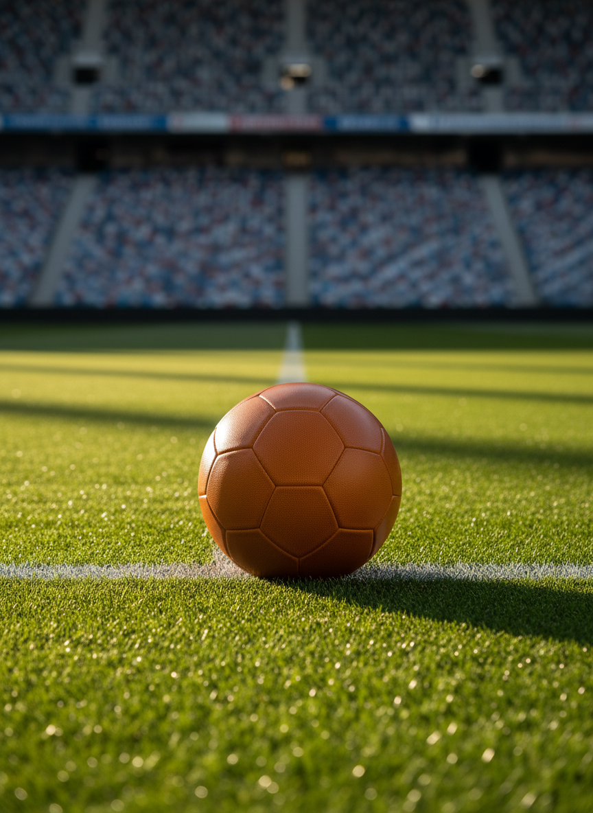 A pristine leather football resting on a neatly clipped green pitch, positioned exactly on a bright white halfway line. In the background, an empty modern stadium curves upward, its seats rendered as a soft, defocused mosaic of colors to suggest a professional arena without specific branding. Late afternoon natural light slants in from the left, creating crisp highlights on the ball’s textured panels and long, analytical shadows on the grass. Shot at eye level with a shallow depth of field, the composition centers the ball using the rule of thirds, evoking anticipation and focus. The photographic realism and clean, modern aesthetic support a professional sports analysis blog header image.